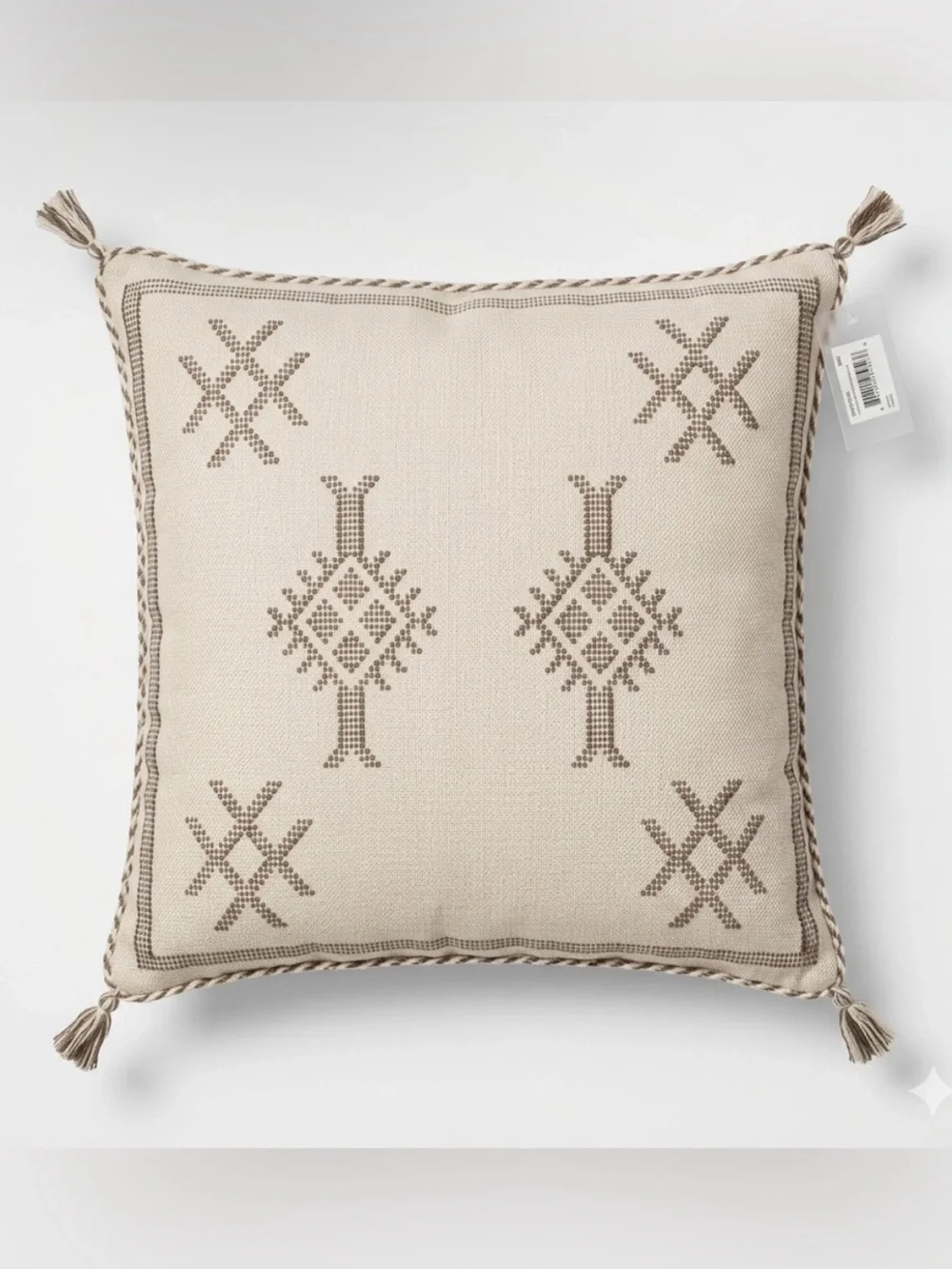 Four Hands 20x20 Sabra Throw Pillow Khaki Geometric Stitch Tassels New